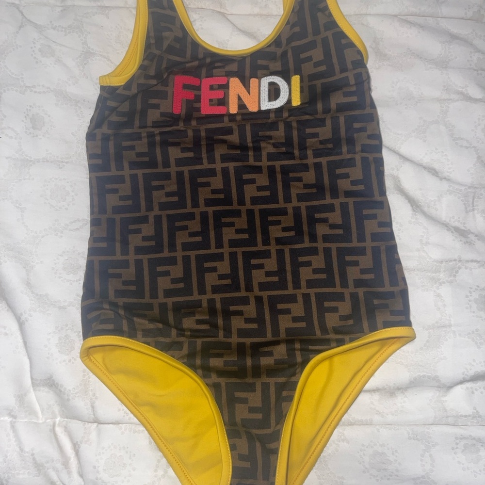 Fendi Kids Swim One Piece in Brown and Yellow